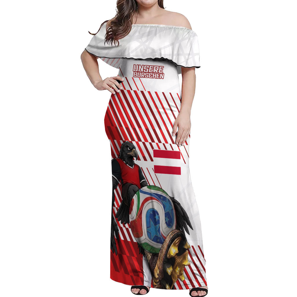 Personalized Austria Football Off Shoulder Maxi Dress Unsere Burschen Striped Graphic With Action Player