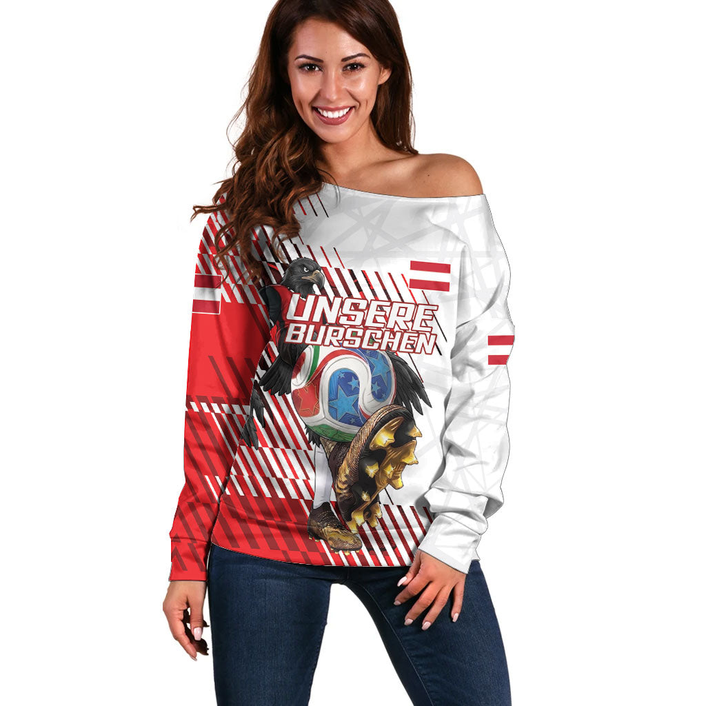 Personalized Austria Football Off Shoulder Sweater Unsere Burschen Striped Graphic With Action Player