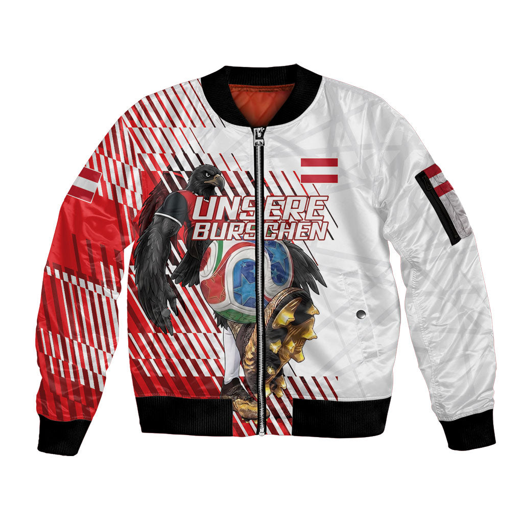 Personalized Austria Football Sleeve Zip Bomber Jacket Unsere Burschen Striped Graphic With Action Player