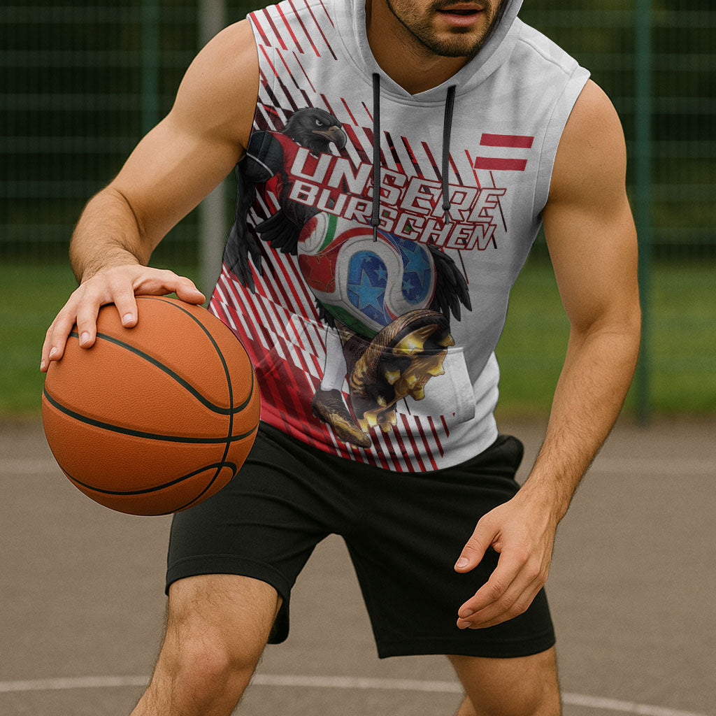 Personalized Austria Football Sleeveless Hoodie Unsere Burschen Striped Graphic With Action Player