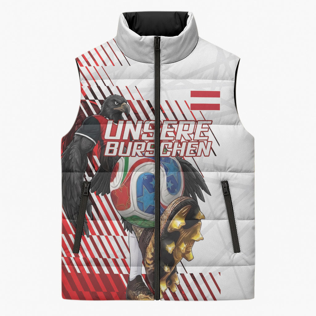 Personalized Austria Football Sleeveless Puffer Jacket Unsere Burschen Striped Graphic With Action Player