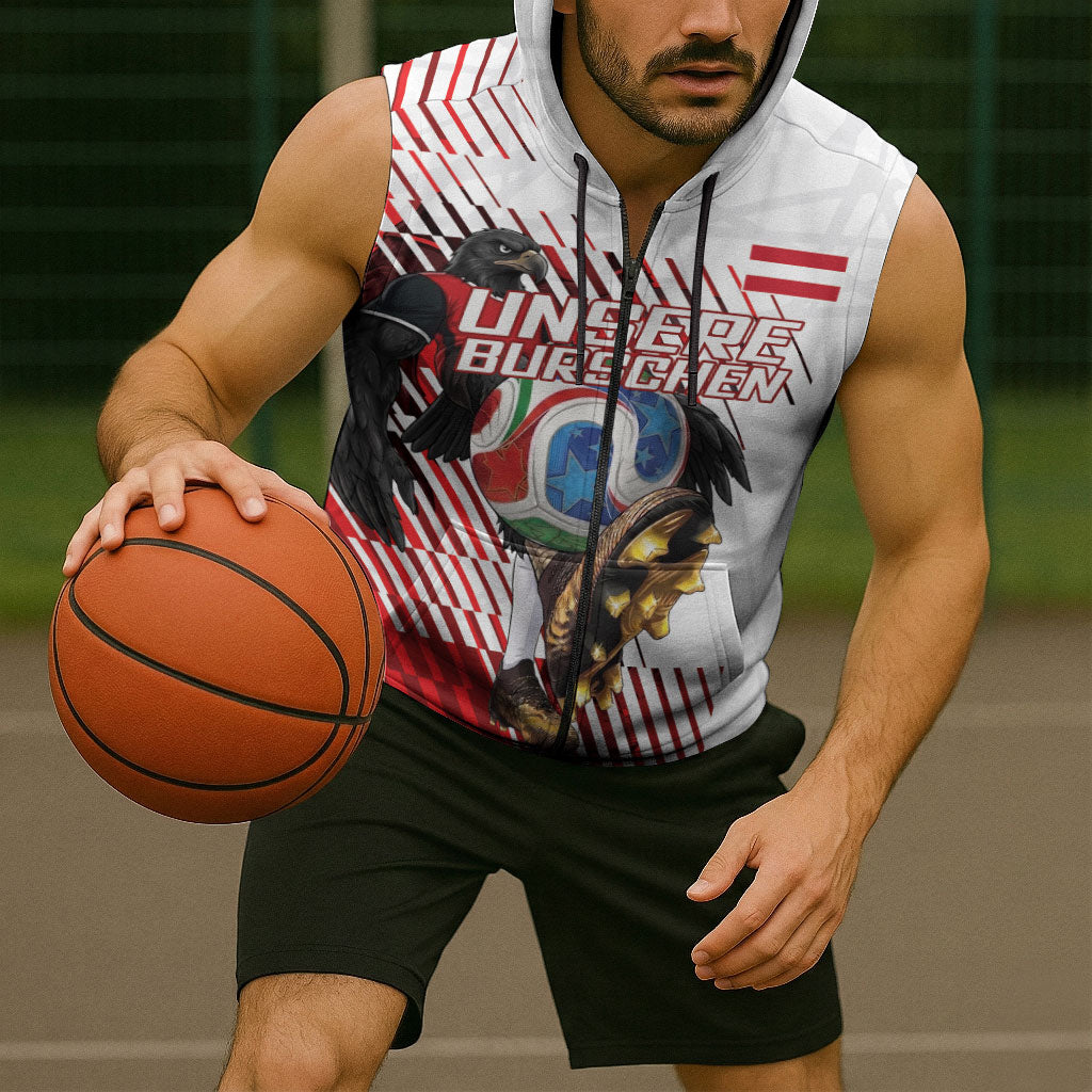 Personalized Austria Football Sleeveless Zip Hoodie Unsere Burschen Striped Graphic With Action Player