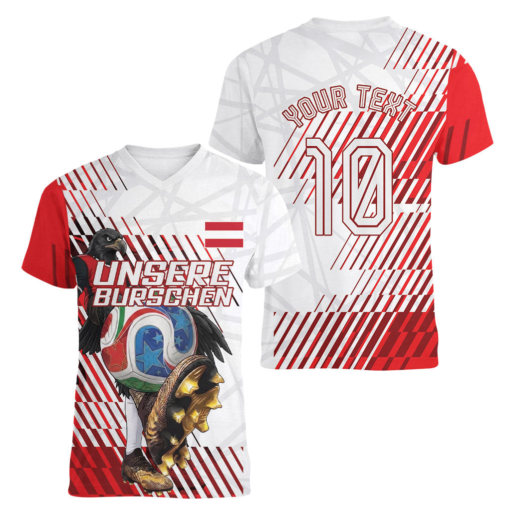 Personalized Austria Football Women V-Neck T-Shirt Unsere Burschen Striped Graphic With Action Player