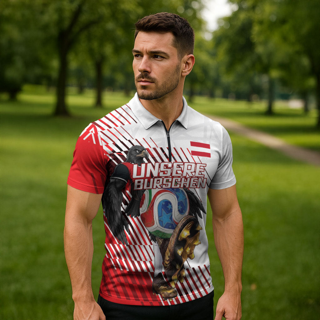 Personalized Austria Football Zipper Polo Shirt Unsere Burschen Striped Graphic With Action Player