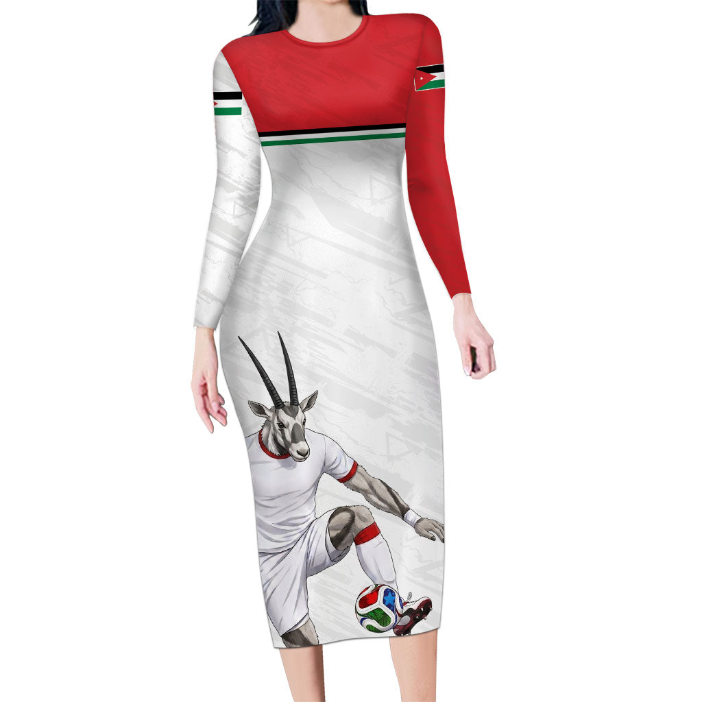 Personalized Jordan Football Long Sleeve Bodycon Dress The Chivalrous Ones Soccer Player - Jordanian Flag Heritage