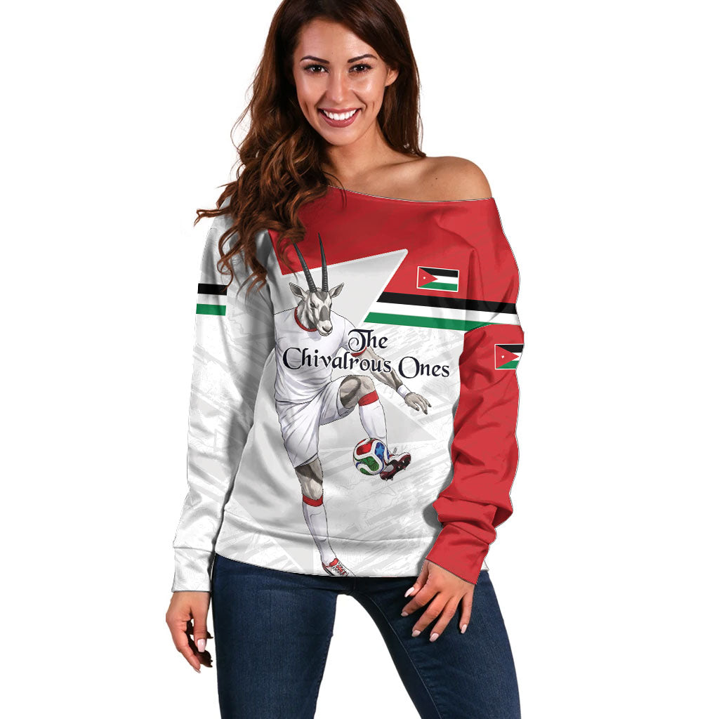 Personalized Jordan Football Off Shoulder Sweater The Chivalrous Ones Soccer Player - Jordanian Flag Heritage