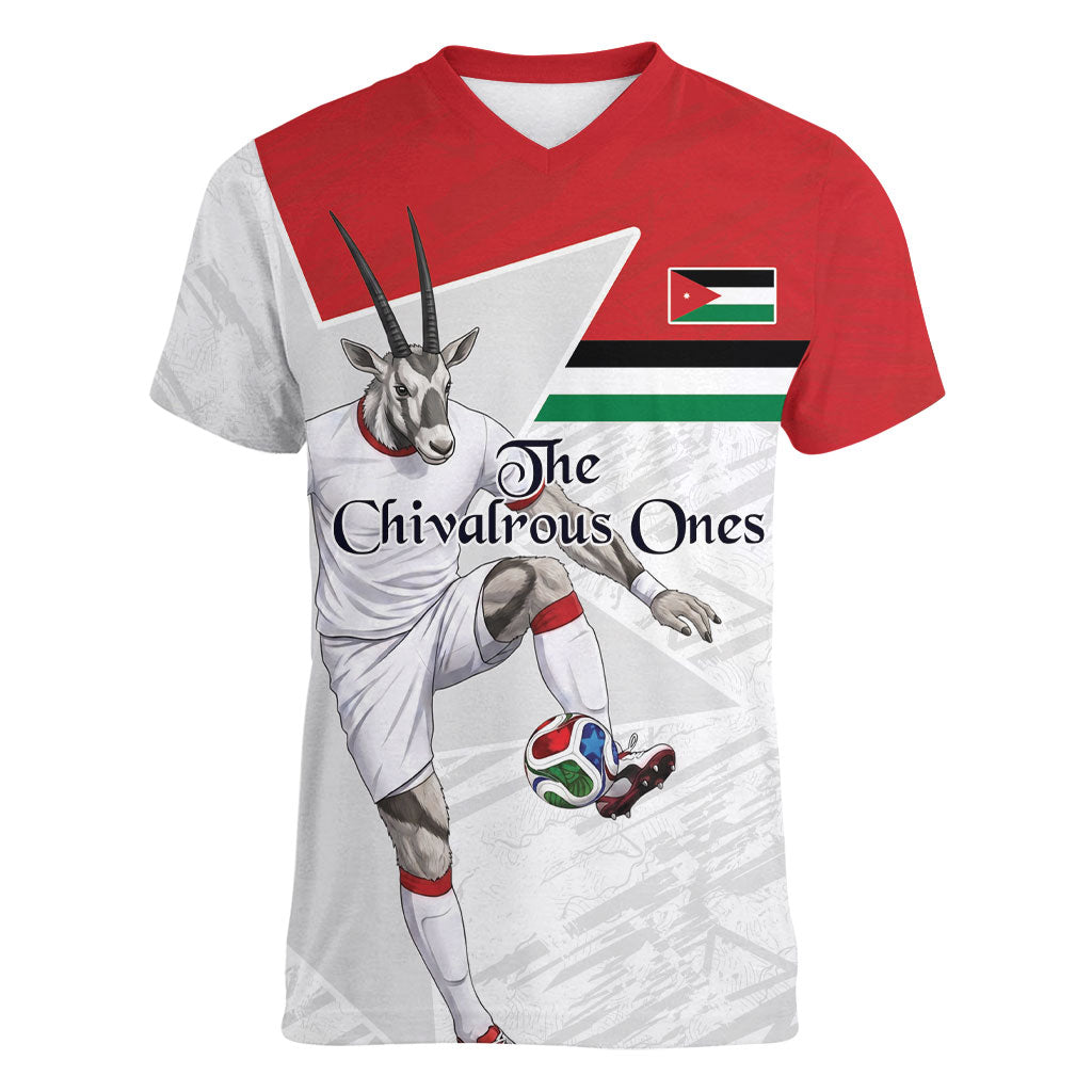 Personalized Jordan Football Women V-Neck T-Shirt The Chivalrous Ones Soccer Player - Jordanian Flag Heritage