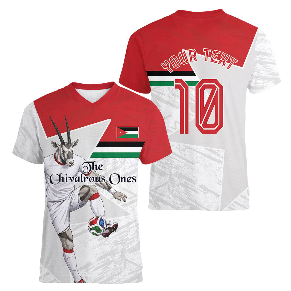 Personalized Jordan Football Women V-Neck T-Shirt The Chivalrous Ones Soccer Player - Jordanian Flag Heritage