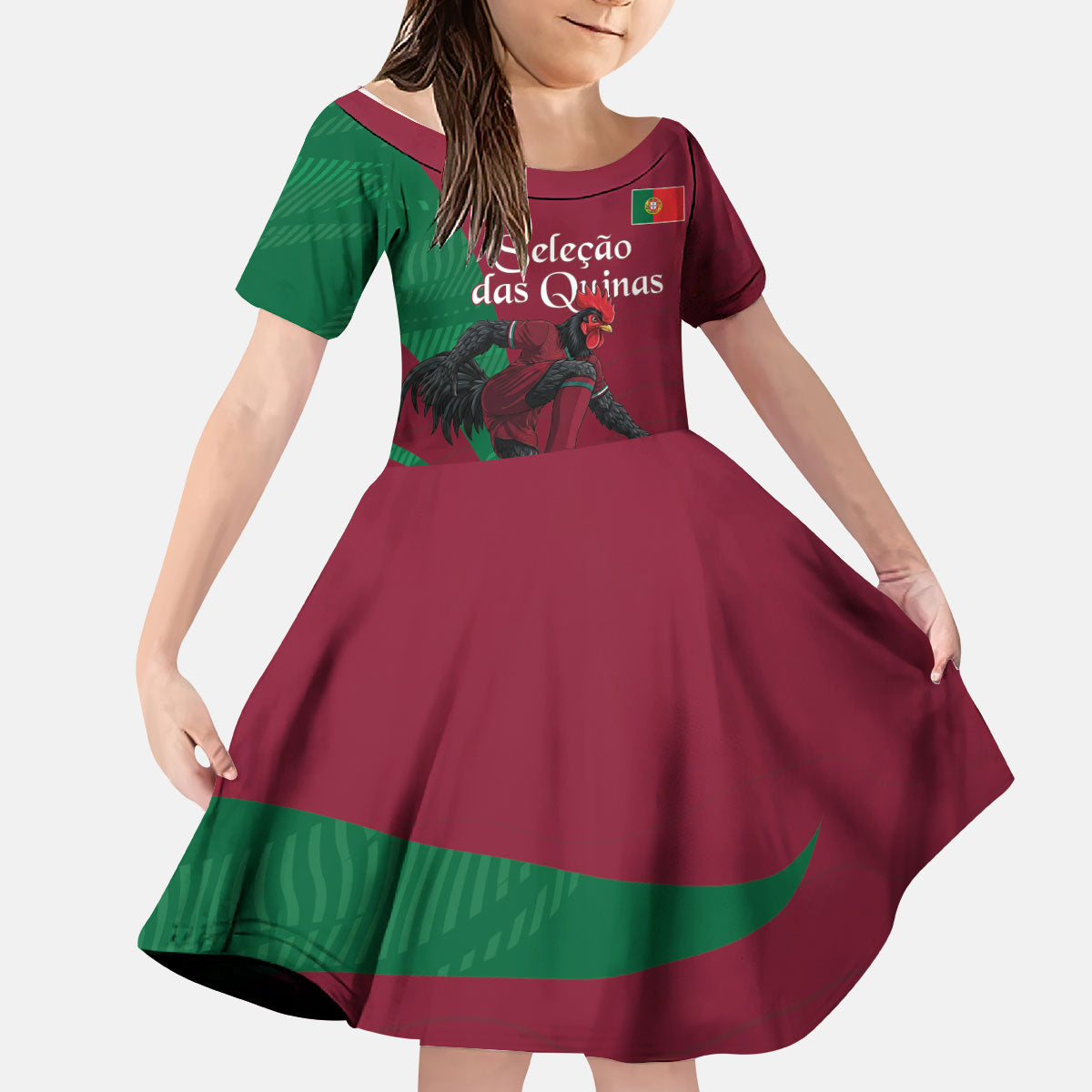 Personalized Portugal Football Selecao Das Quinas Kid Short Sleeve Dress Iconic Soccer Player Illustration With Portugal Flag