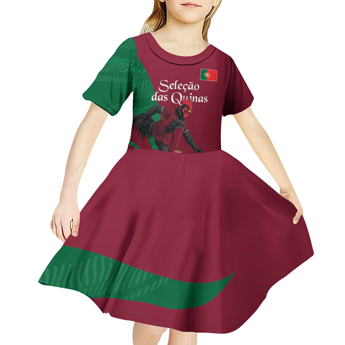 Personalized Portugal Football Selecao Das Quinas Kid Short Sleeve Dress Iconic Soccer Player Illustration With Portugal Flag