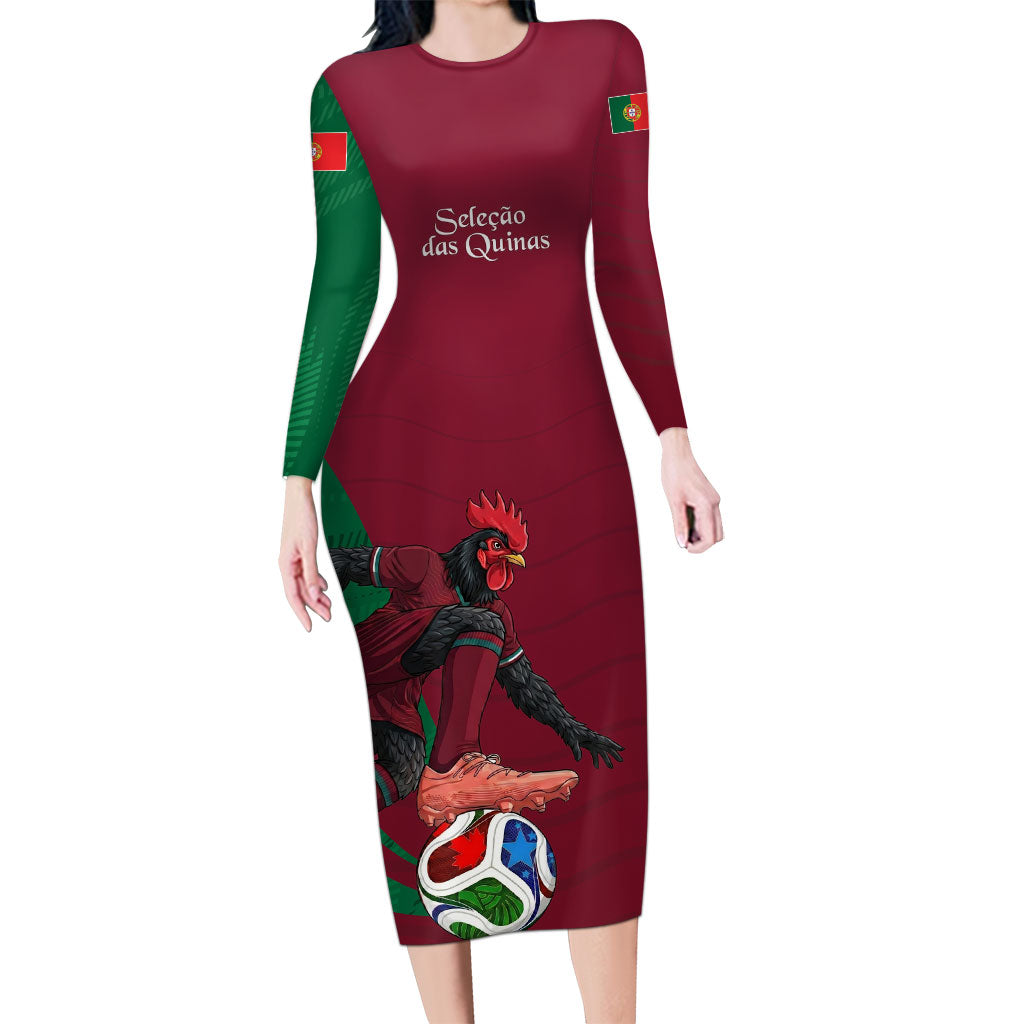 Personalized Portugal Football Selecao Das Quinas Long Sleeve Bodycon Dress Iconic Soccer Player Illustration With Portugal Flag