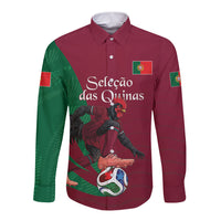 Personalized Portugal Football Selecao Das Quinas Long Sleeve Button Shirt Iconic Soccer Player Illustration With Portugal Flag