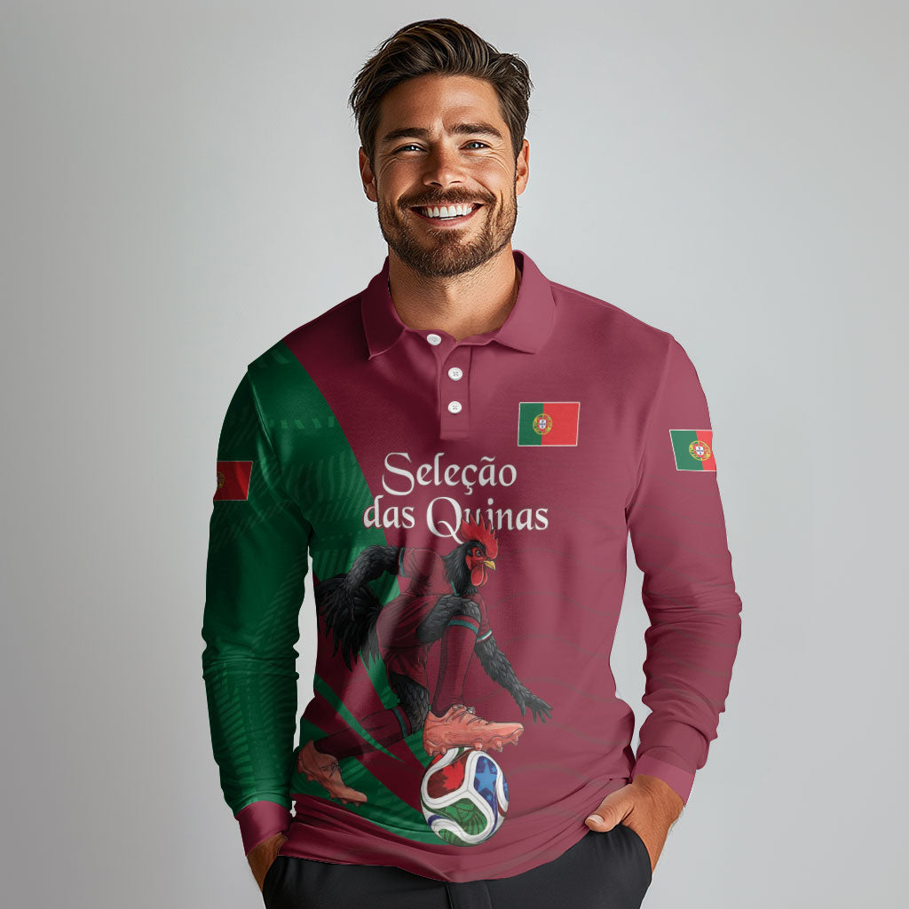 Personalized Portugal Football Selecao Das Quinas Long Sleeve Polo Shirt Iconic Soccer Player Illustration With Portugal Flag