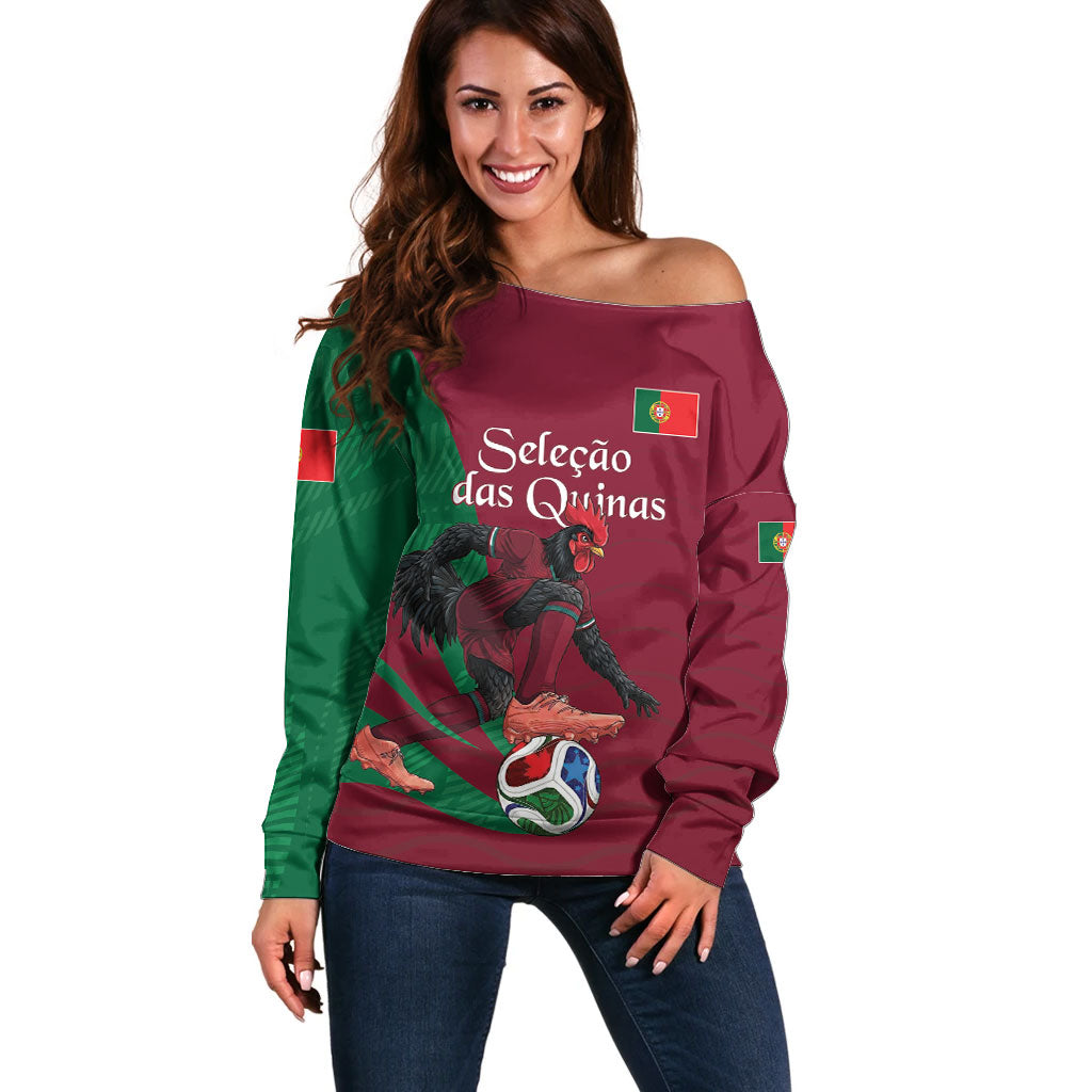 Personalized Portugal Football Selecao Das Quinas Off Shoulder Sweater Iconic Soccer Player Illustration With Portugal Flag