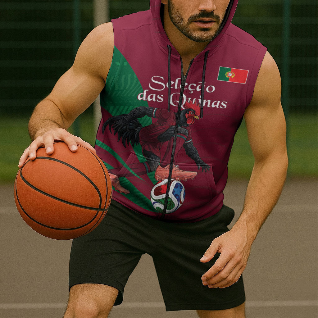 Personalized Portugal Football Selecao Das Quinas Sleeveless Zip Hoodie Iconic Soccer Player Illustration With Portugal Flag