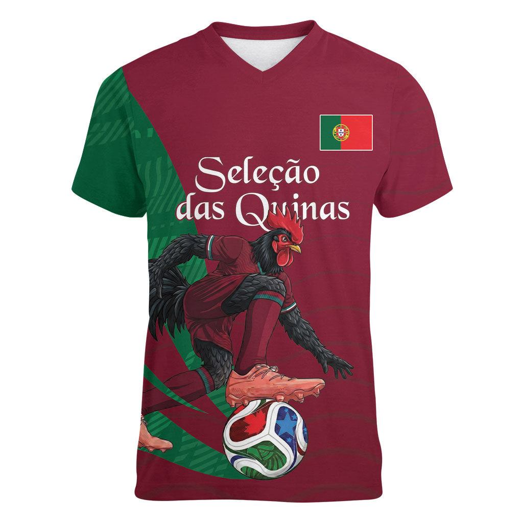 Personalized Portugal Football Selecao Das Quinas Women V-Neck T-Shirt Iconic Soccer Player Illustration With Portugal Flag