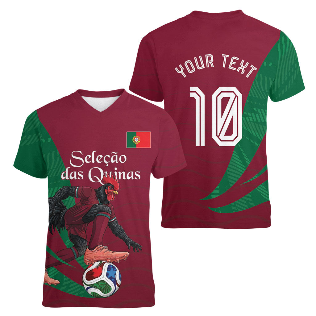 Personalized Portugal Football Selecao Das Quinas Women V-Neck T-Shirt Iconic Soccer Player Illustration With Portugal Flag
