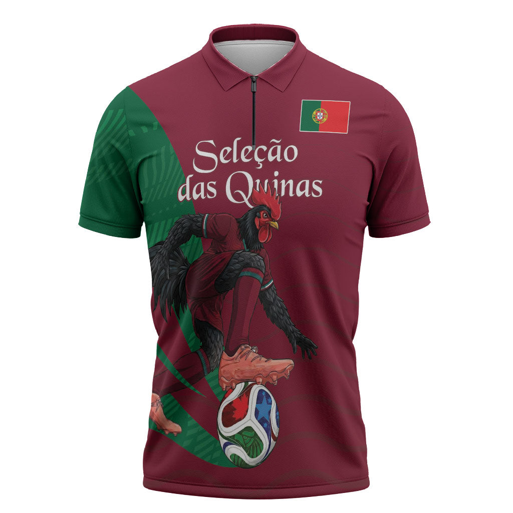 Personalized Portugal Football Selecao Das Quinas Zipper Polo Shirt Iconic Soccer Player Illustration With Portugal Flag