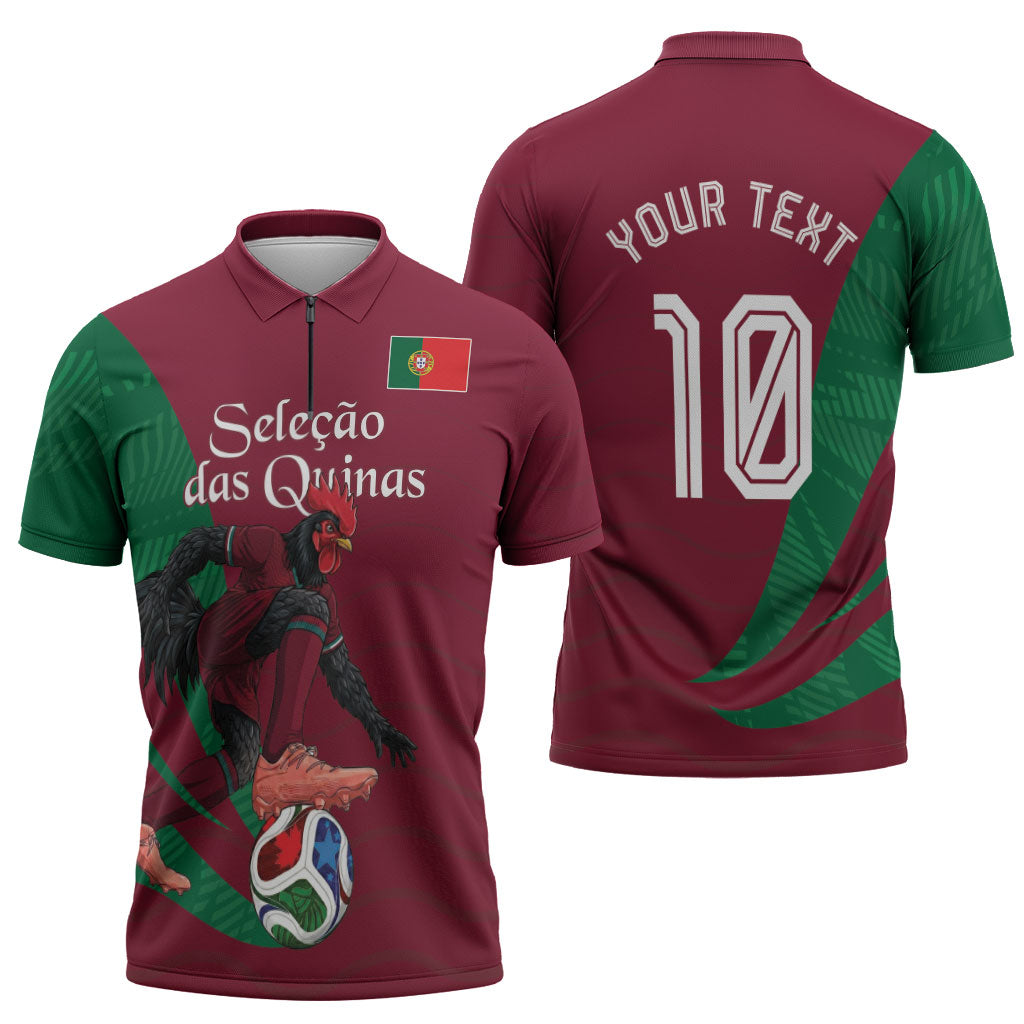 Personalized Portugal Football Selecao Das Quinas Zipper Polo Shirt Iconic Soccer Player Illustration With Portugal Flag