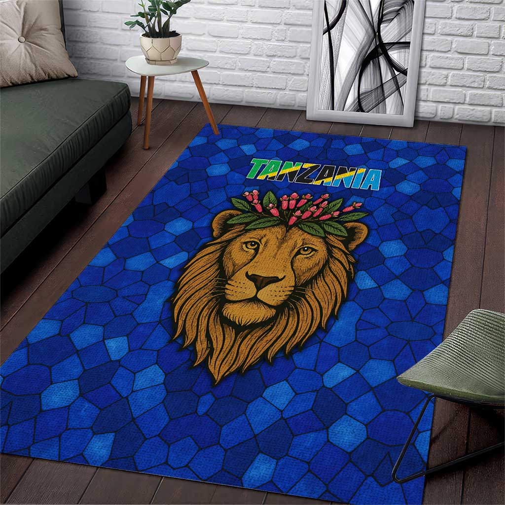 Tanzania Simba Lion Area Rug with Floral Crown and Blue Mosaic Design