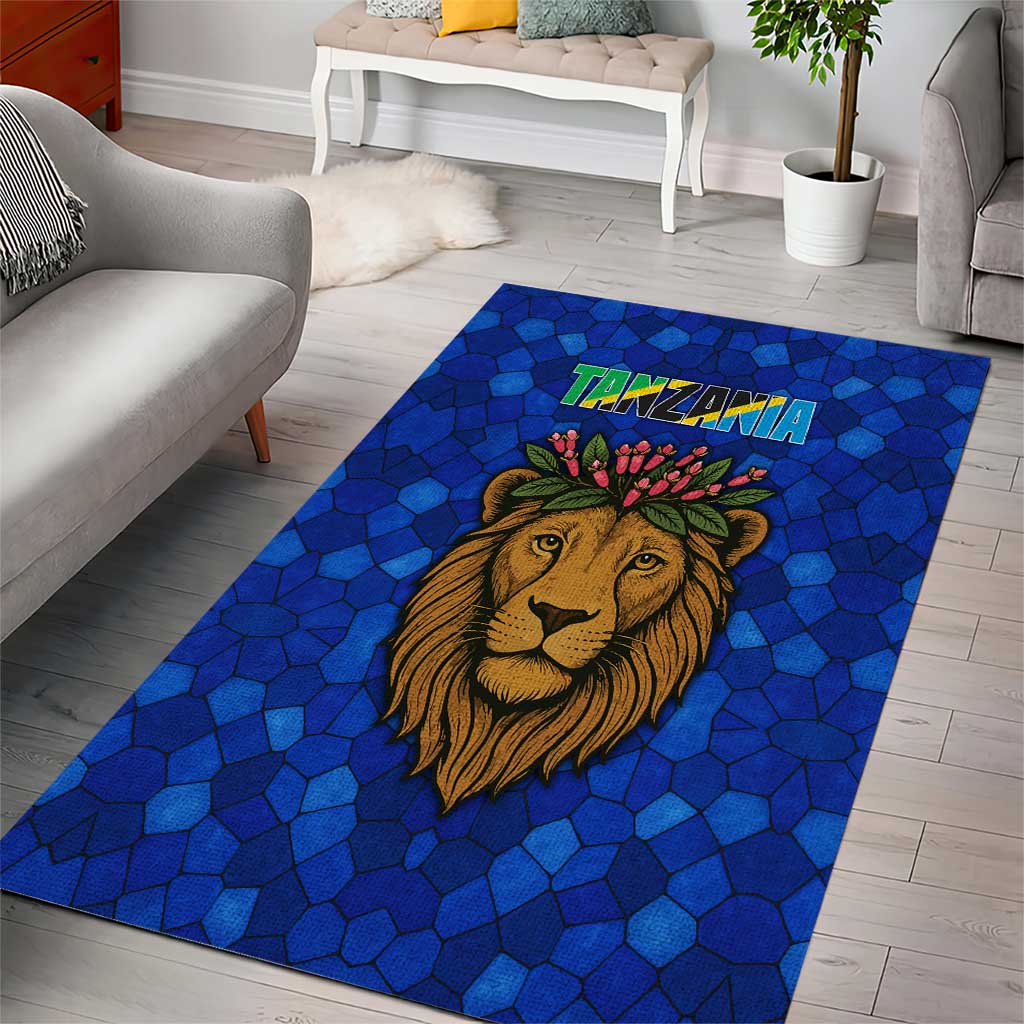 Tanzania Simba Lion Area Rug with Floral Crown and Blue Mosaic Design