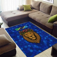 Tanzania Simba Lion Area Rug with Floral Crown and Blue Mosaic Design