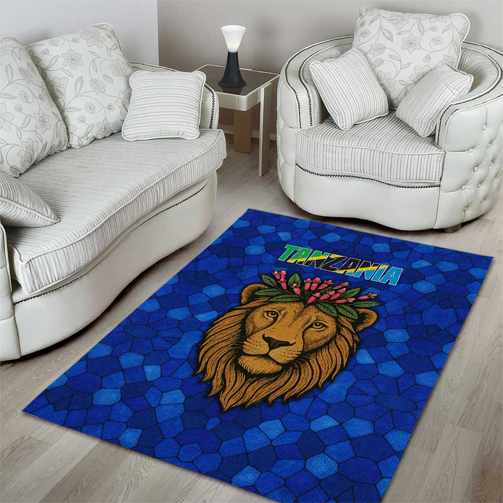 Tanzania Simba Lion Area Rug with Floral Crown and Blue Mosaic Design