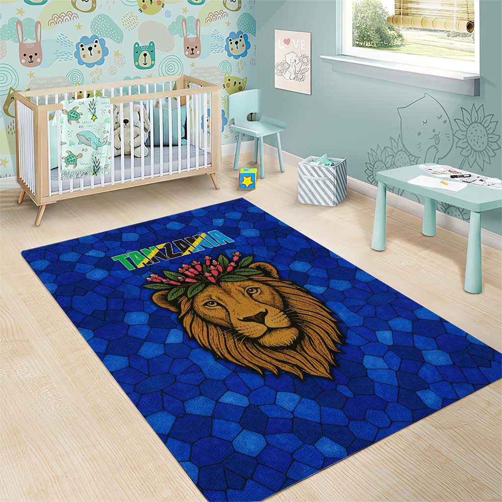 Tanzania Simba Lion Area Rug with Floral Crown and Blue Mosaic Design