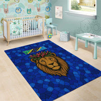 Tanzania Simba Lion Area Rug with Floral Crown and Blue Mosaic Design