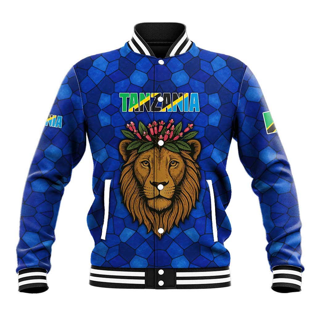 Tanzania Simba Lion Baseball Jacket with Floral Crown and Blue Mosaic Design