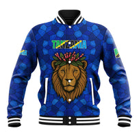 Tanzania Simba Lion Baseball Jacket with Floral Crown and Blue Mosaic Design