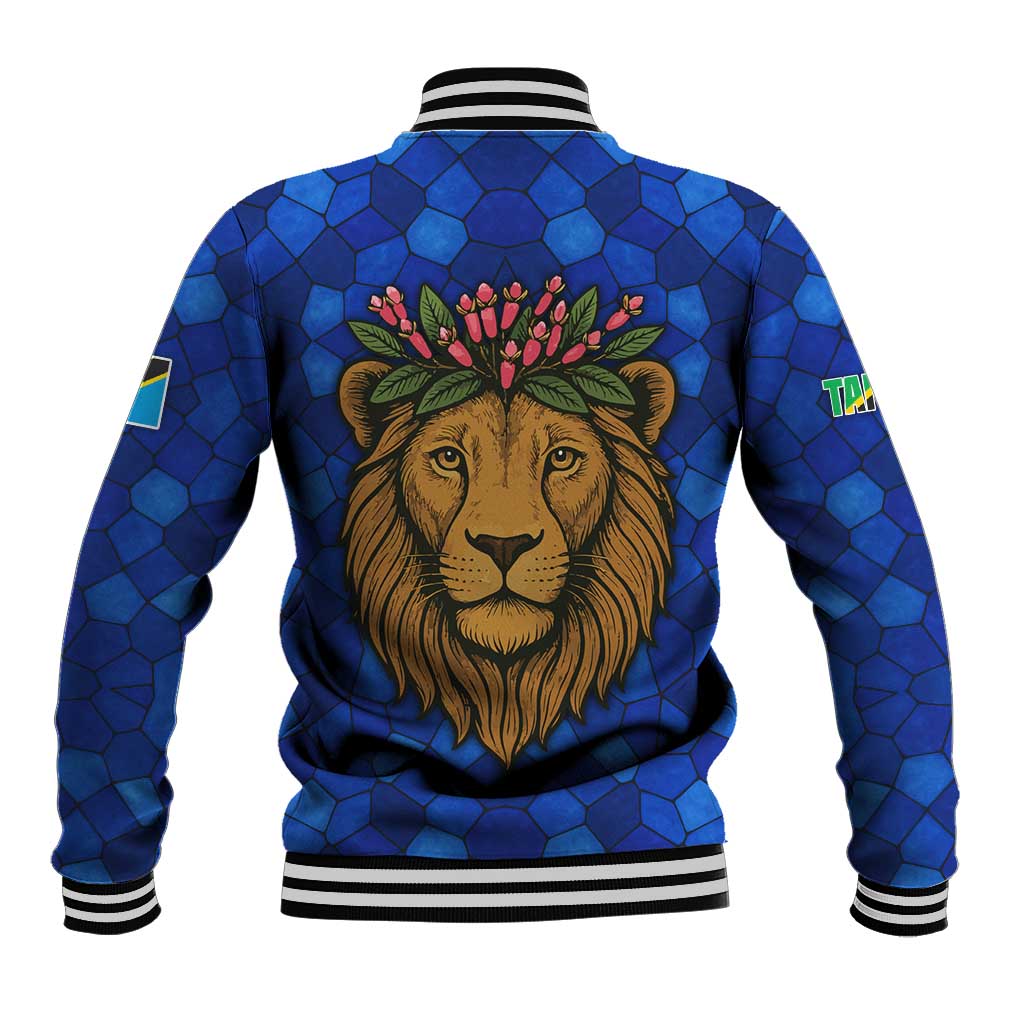 Tanzania Simba Lion Baseball Jacket with Floral Crown and Blue Mosaic Design