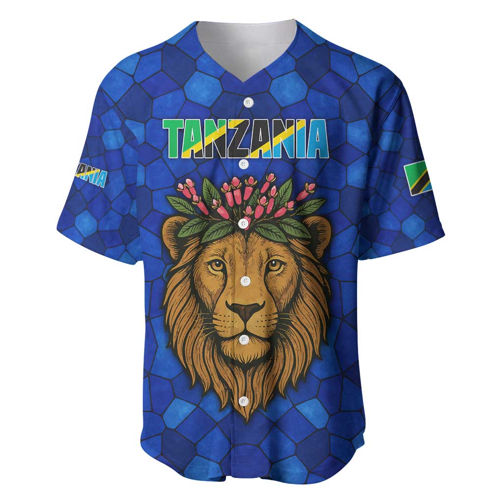 Tanzania Simba Lion Baseball Jersey with Floral Crown and Blue Mosaic Design