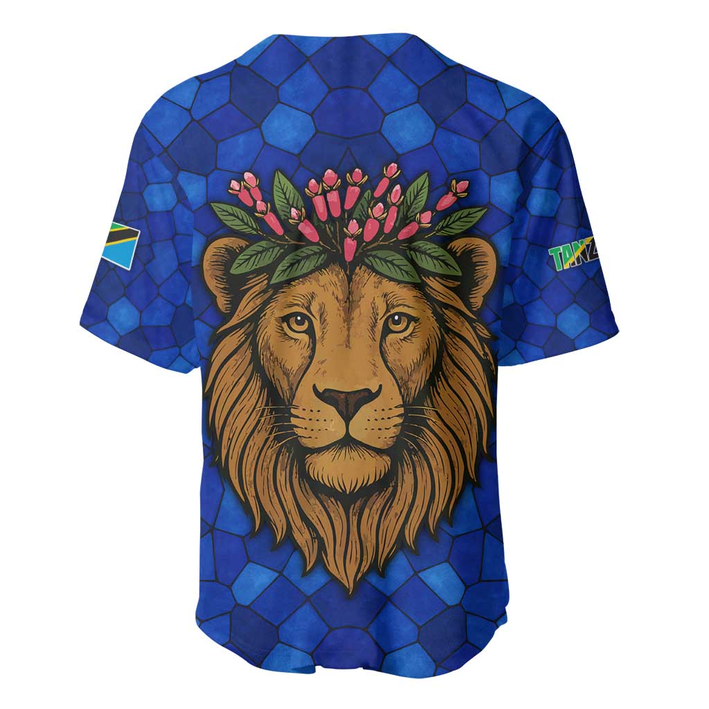 Tanzania Simba Lion Baseball Jersey with Floral Crown and Blue Mosaic Design