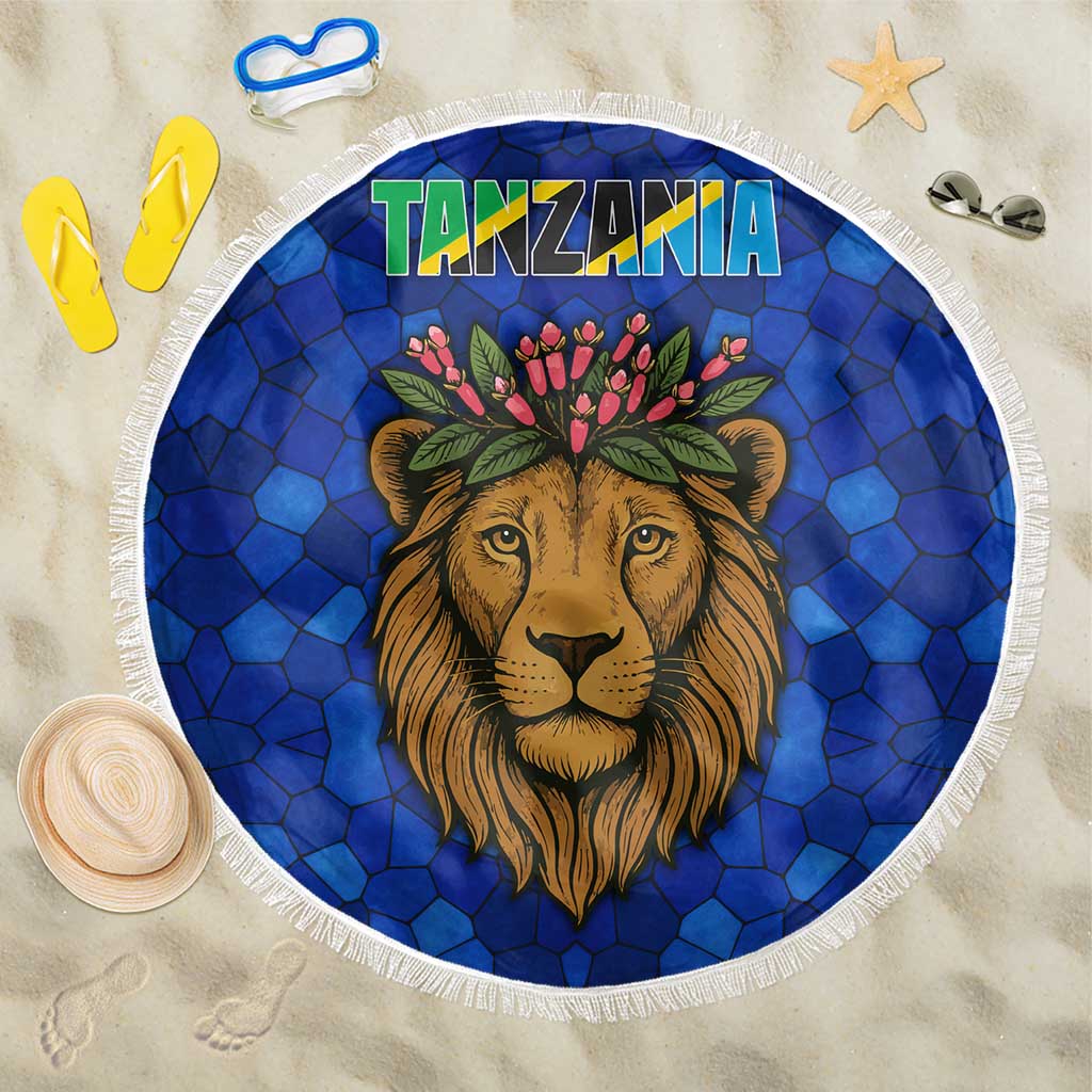 Tanzania Simba Lion Beach Blanket with Floral Crown and Blue Mosaic Design