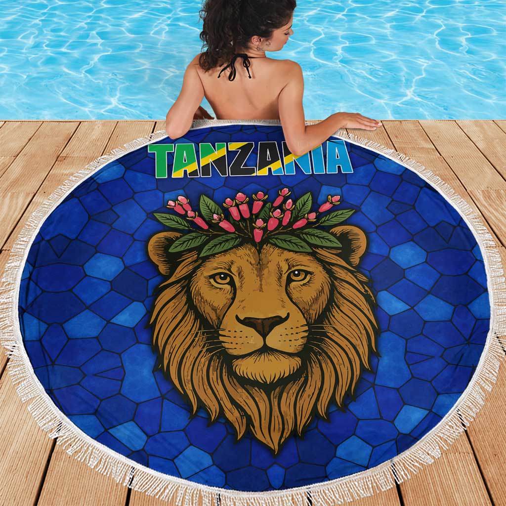 Tanzania Simba Lion Beach Blanket with Floral Crown and Blue Mosaic Design