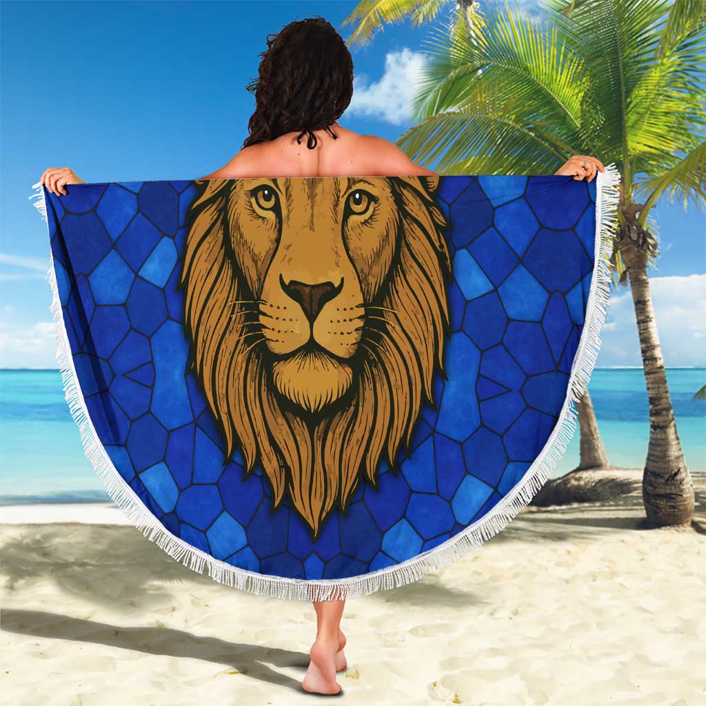 Tanzania Simba Lion Beach Blanket with Floral Crown and Blue Mosaic Design