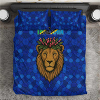 Tanzania Simba Lion Bedding Set with Floral Crown and Blue Mosaic Design