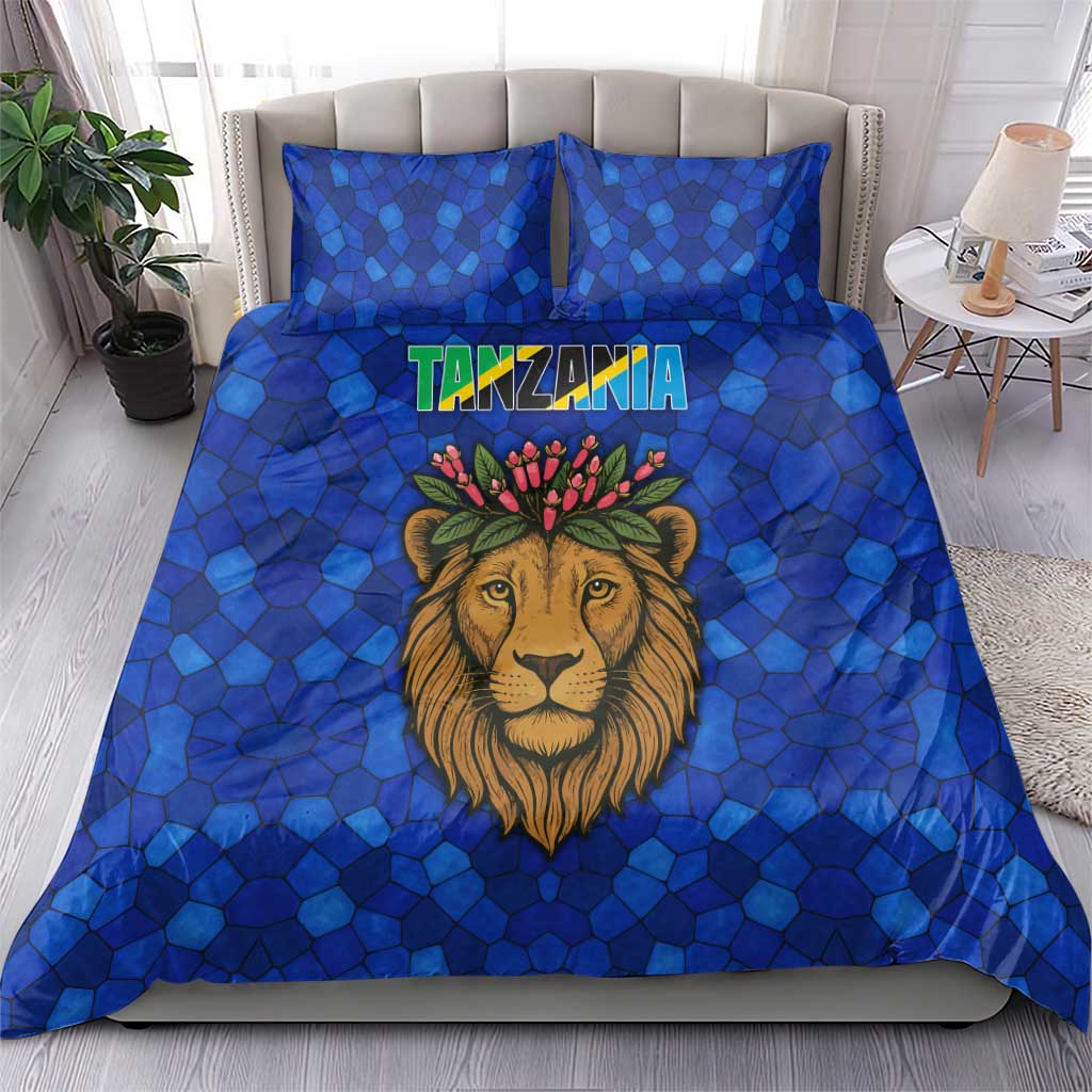 Tanzania Simba Lion Bedding Set with Floral Crown and Blue Mosaic Design