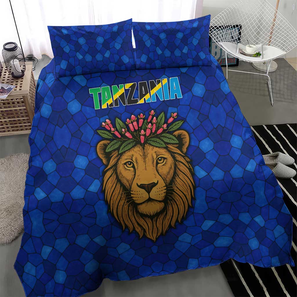 Tanzania Simba Lion Bedding Set with Floral Crown and Blue Mosaic Design