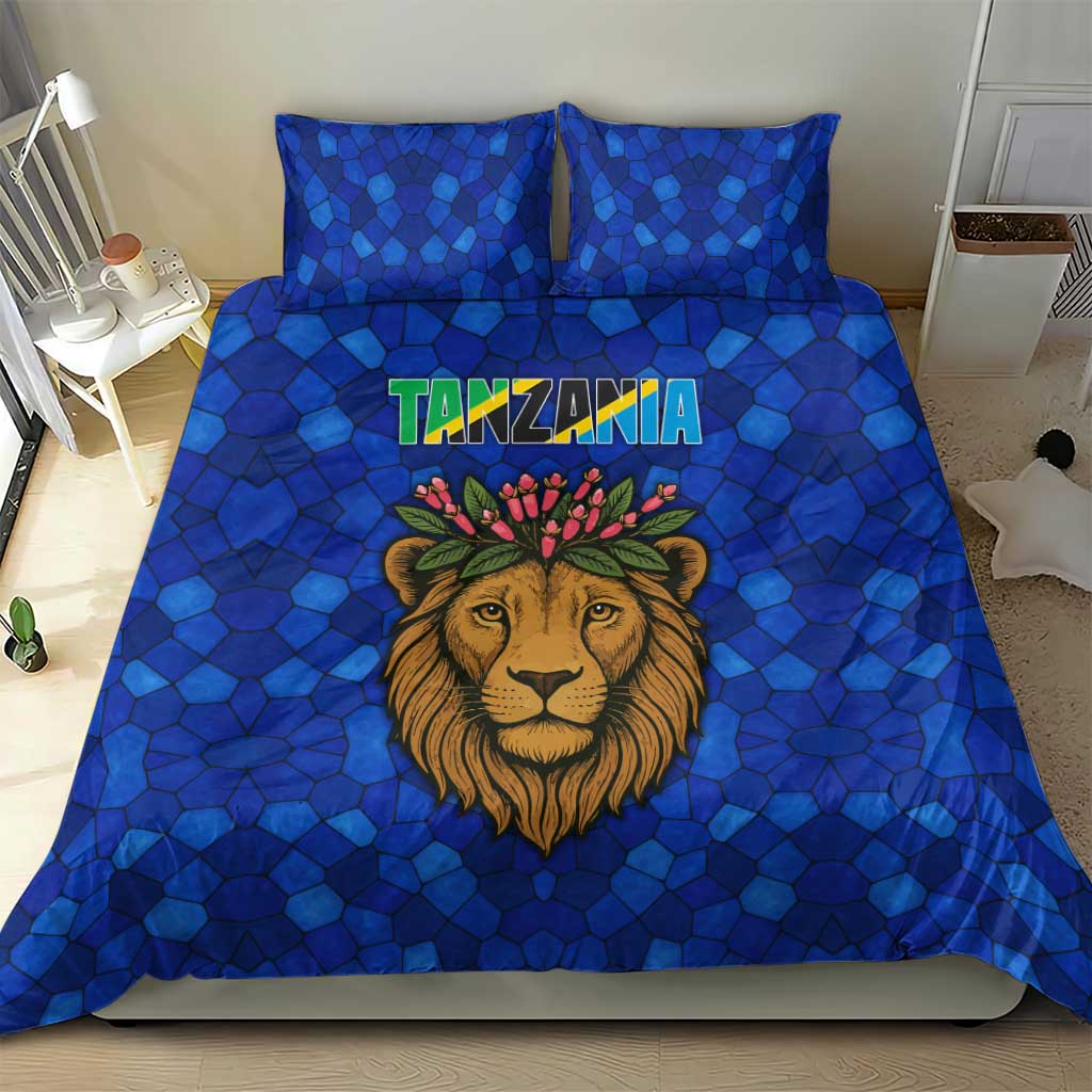 Tanzania Simba Lion Bedding Set with Floral Crown and Blue Mosaic Design