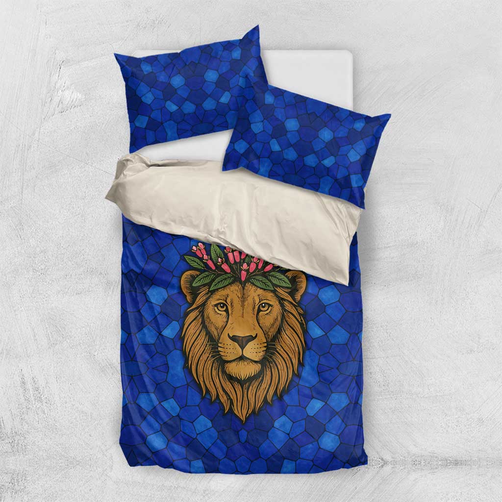 Tanzania Simba Lion Bedding Set with Floral Crown and Blue Mosaic Design