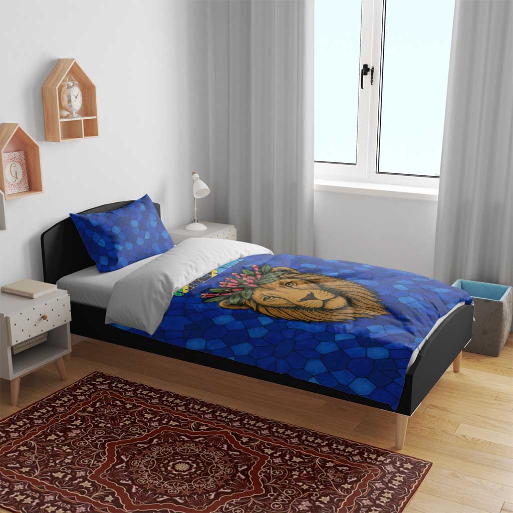 Tanzania Simba Lion Bedding Set with Floral Crown and Blue Mosaic Design