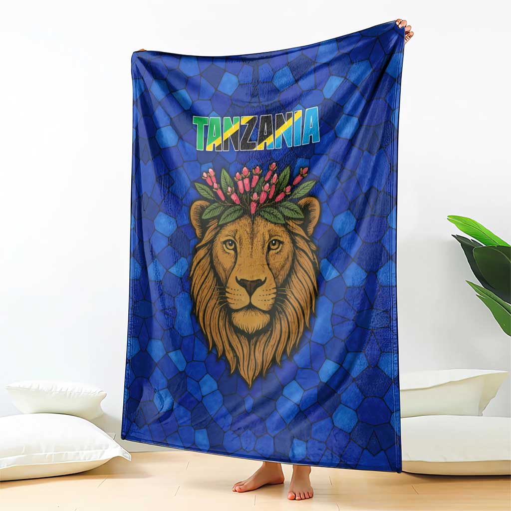 Tanzania Simba Lion Blanket with Floral Crown and Blue Mosaic Design