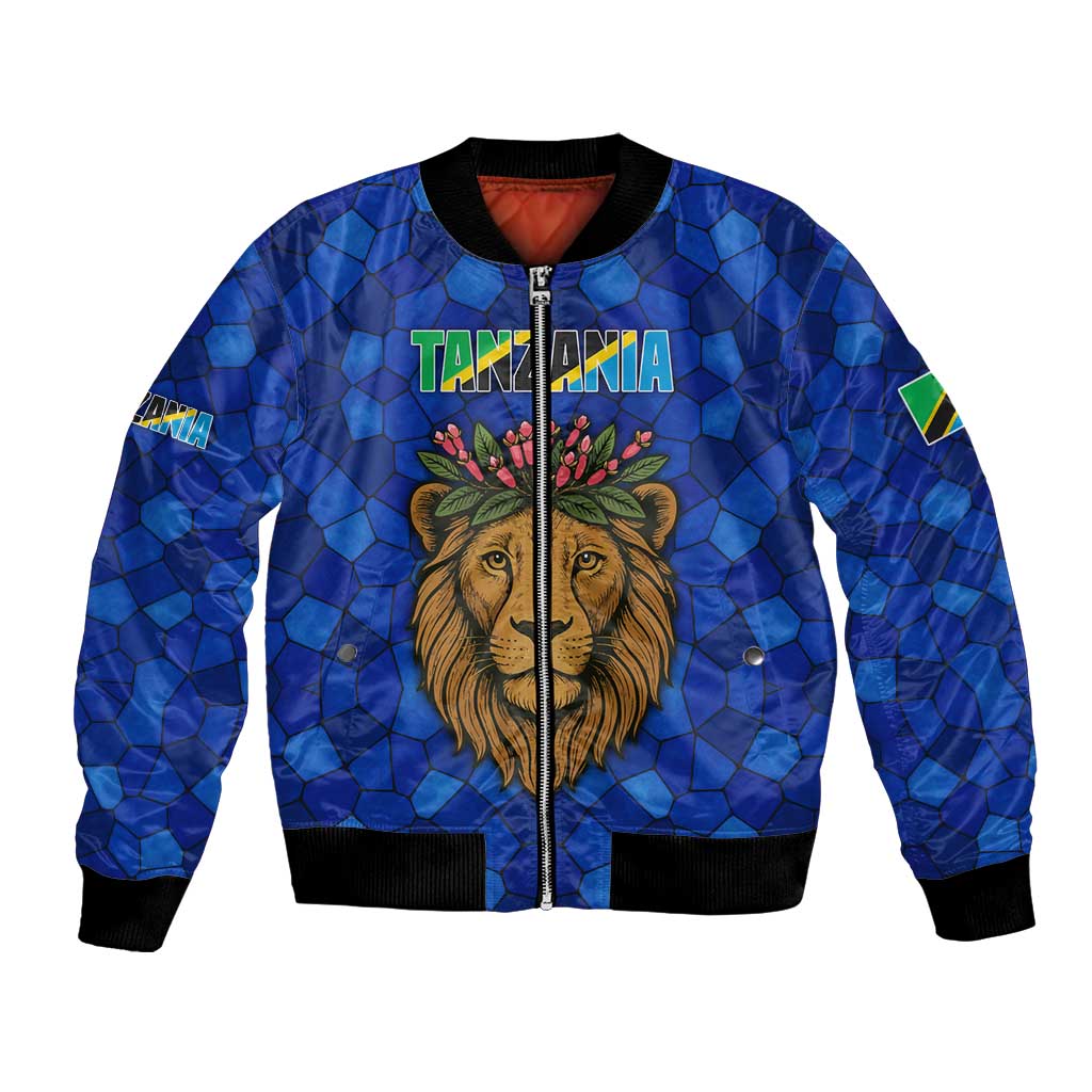 Tanzania Simba Lion Bomber Jacket with Floral Crown and Blue Mosaic Design