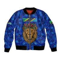 Tanzania Simba Lion Bomber Jacket with Floral Crown and Blue Mosaic Design