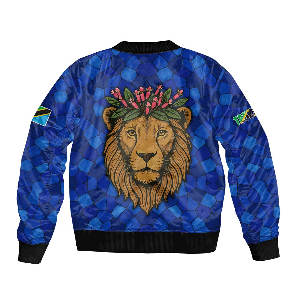 Tanzania Simba Lion Bomber Jacket with Floral Crown and Blue Mosaic Design