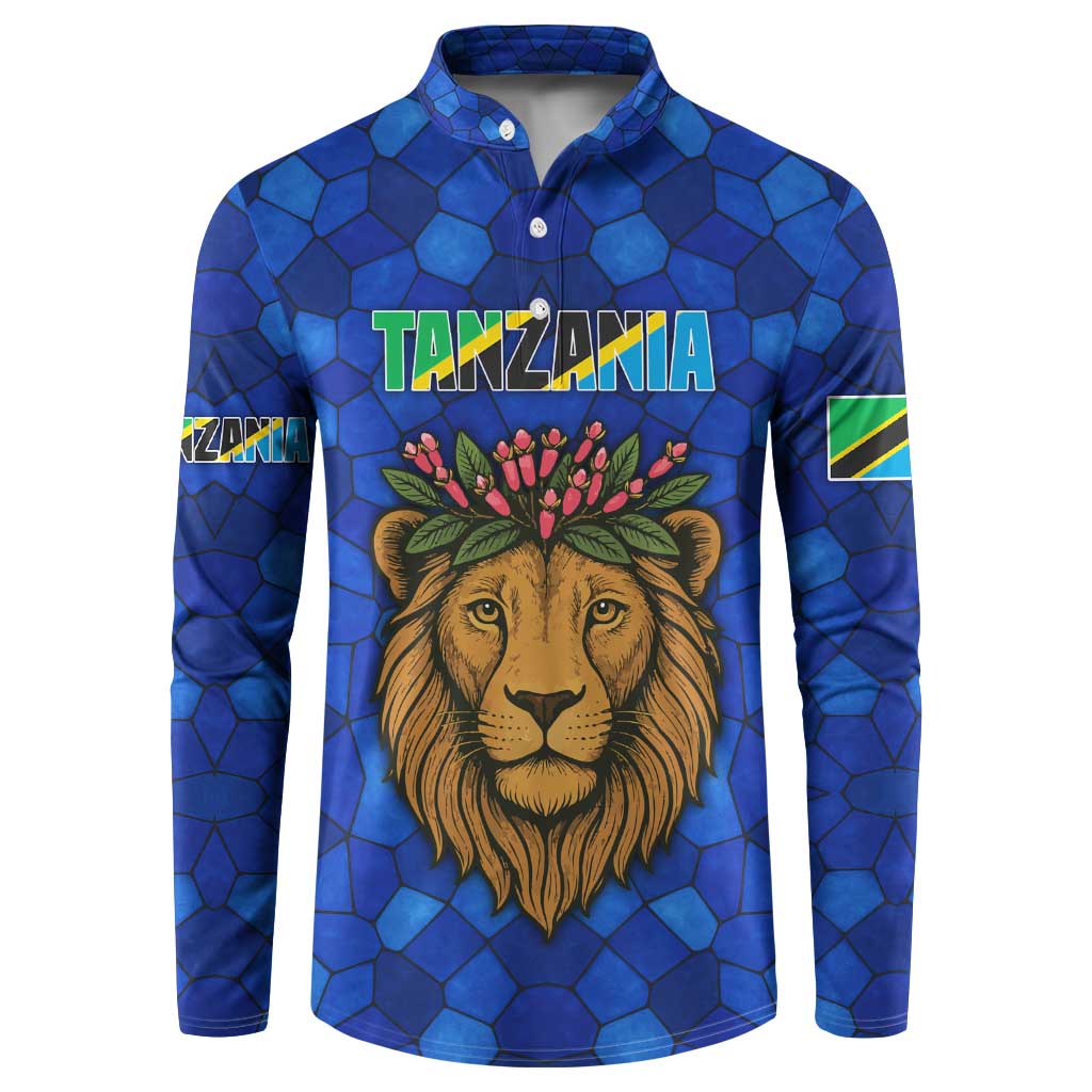 Tanzania Simba Lion Button Sweatshirt with Floral Crown and Blue Mosaic Design