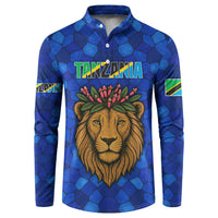 Tanzania Simba Lion Button Sweatshirt with Floral Crown and Blue Mosaic Design
