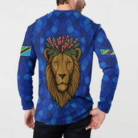 Tanzania Simba Lion Button Sweatshirt with Floral Crown and Blue Mosaic Design